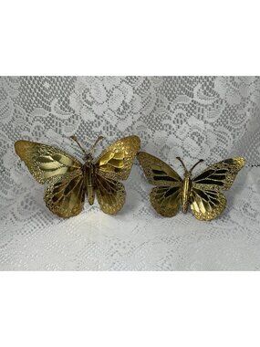 Set of 2 VTG Home Interiors Gold Tone Metal Tin 3D Butterfly Wall Decor MCM Boho